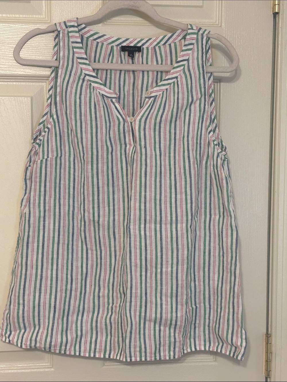 Talbots Linen White Tank Top with Green & Pink Stripes M